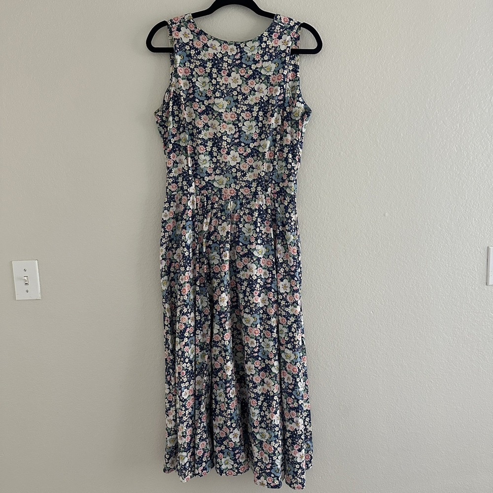 Vintage 80s Dress Large‎ Sundress Floral Print Cotton Fit Flare Open Back
